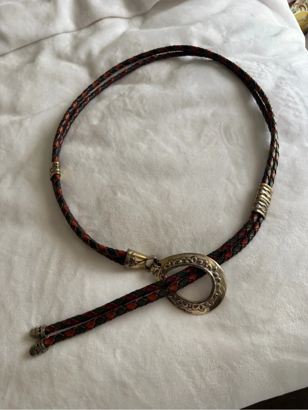 Brighton Braided Leather Belt Necklace in Red and Black with Silver-Tone Ring
